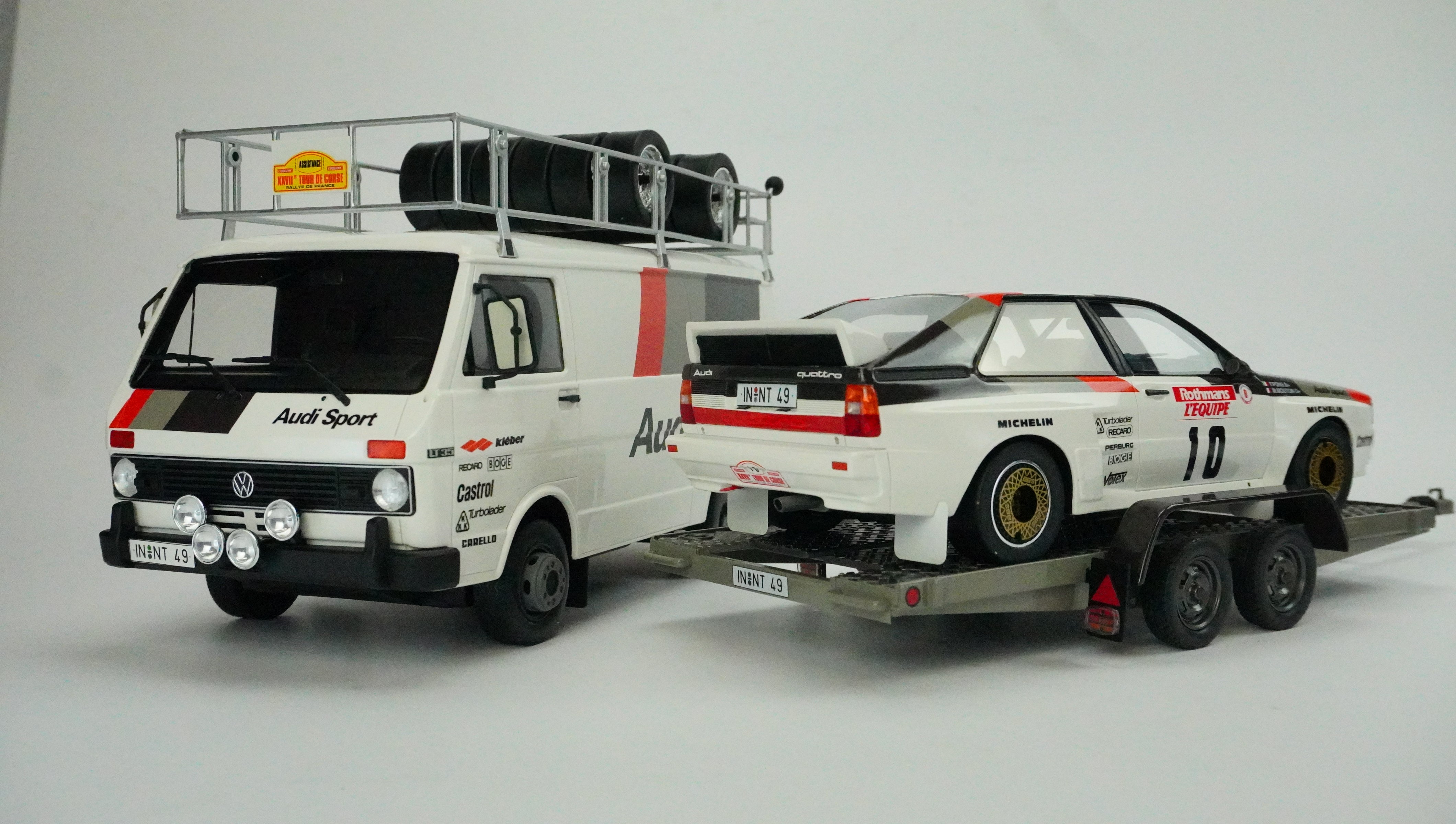VW Transport & Audi Quattro A2 Rally Nr.10 & Anhänger Set Limited 1:18