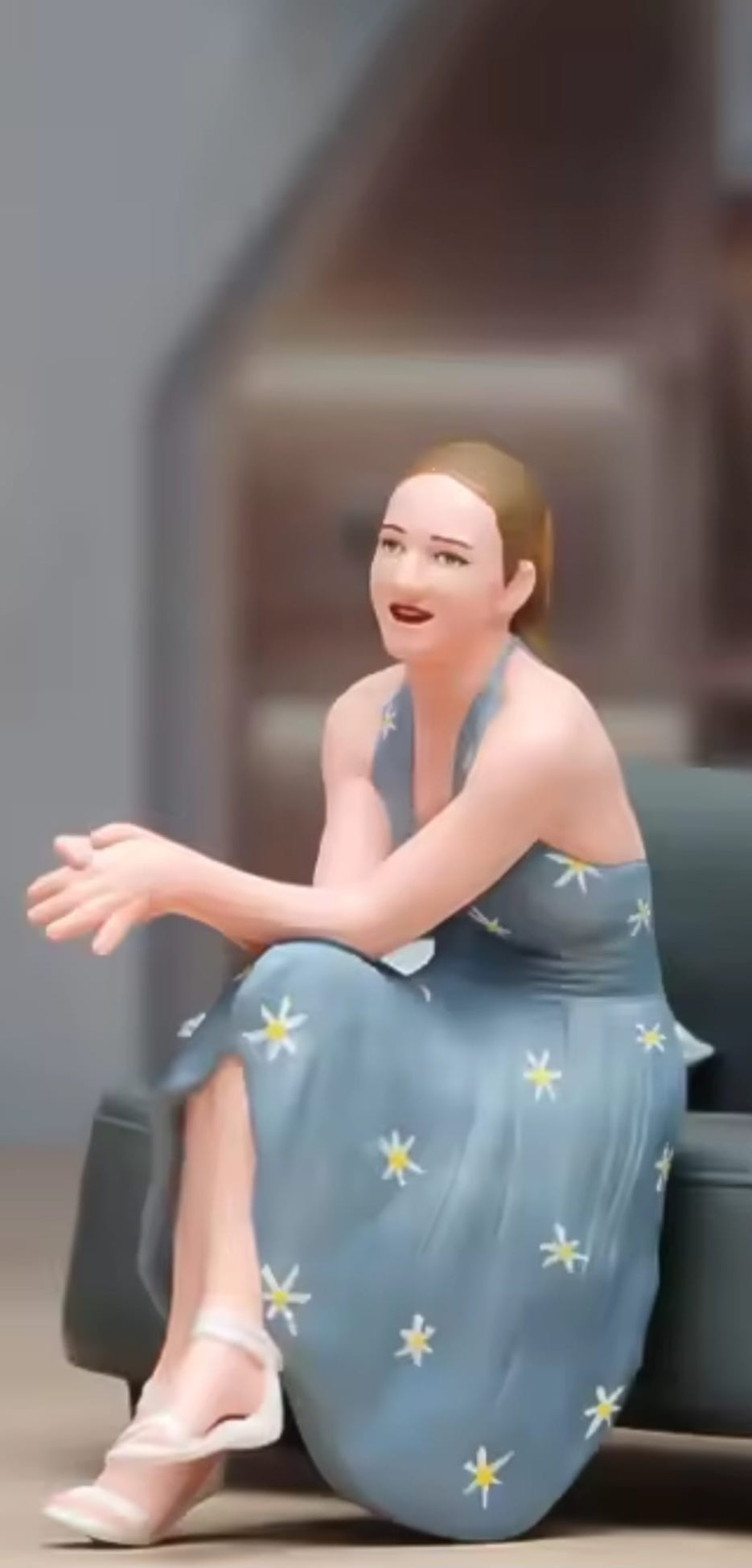 Frau sitzen im grauem Sternekleid 1:18